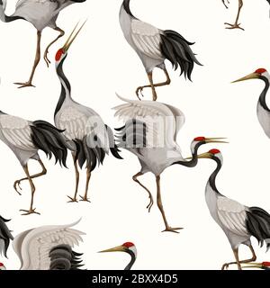 Seamless pattern with Japanese white cranes. Oriental wallpaper. Stock Vector