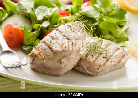 Grilled Tuna Steak with Salad Stock Photo