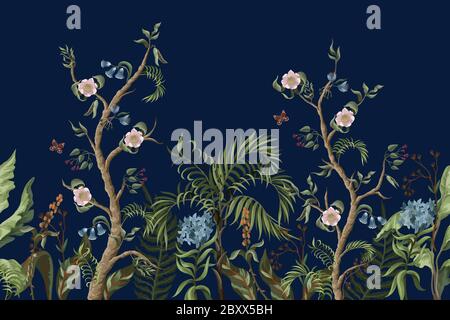Border with peony bushes, palm and flowers in chinoiserie style. Vector. Stock Vector