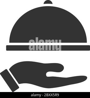 Restaurant cloche in hand. Black Icon Flat on white background Stock Vector