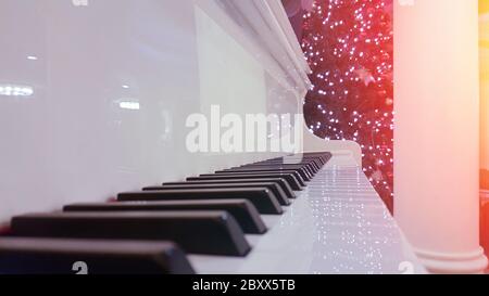 Piano keys close-up in the center. Black and white photography. Stock Photo