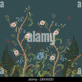 Border with peony bushes, palm and flowers in chinoiserie style. Vector. Stock Vector