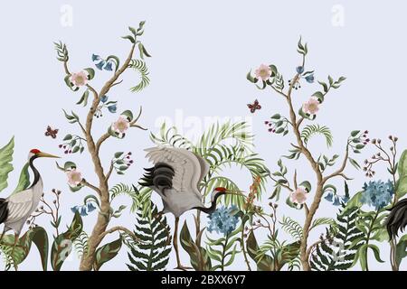 Border with cranes and peonies in chinoiserie style. Vector. Stock Vector