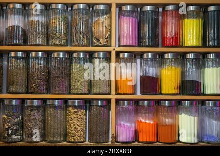Homeopathic cures and spices in jars on pharmacy in Marrakech, Morocco Stock Photo
