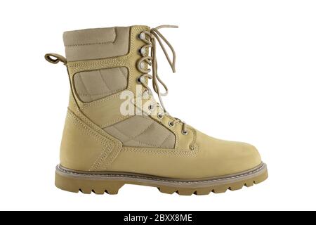 Yellow leather hiking boot isolated on white background Stock Photo