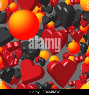 Red Black Hearts and Balls on Gray Seamless Pattern Stock Vector