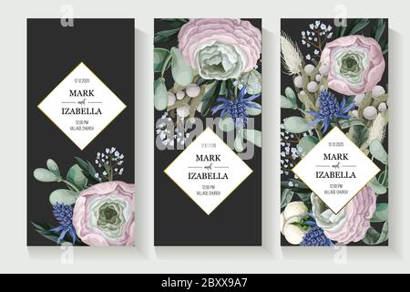 Delicate wedding invitation with ranunculus, eucalyptus and wild flowers . Vector. Stock Vector