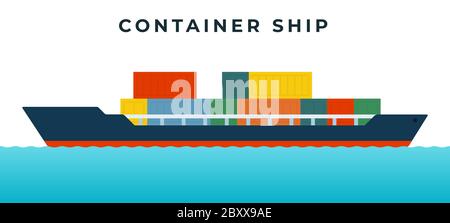 Container ship for transporting goods in standardized containers vector icon flat isolated. Stock Vector