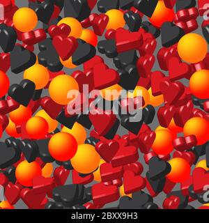 Red Black Hearts and Balls on Gray Seamless Pattern Stock Vector