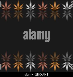 seamless frame of hemp leaves of gold, silver and bronze colors and their reflection on a black background Stock Vector