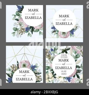 Delicate wedding invitation with ranunculus, eucalyptus and wild flowers . Vector. Stock Vector