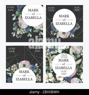 Delicate wedding invitation with ranunculus, eucalyptus and wild flowers . Vector. Stock Vector