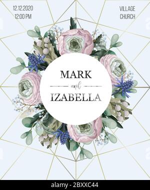 Delicate wedding invitation with ranunculus, eucalyptus and wild flowers . Vector. Stock Vector