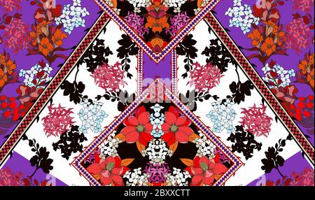 Seamless pattern with patchwork graphic flowers for textile design. Vector Stock Vector