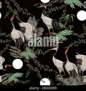 Seamless pattern with Japanese white cranes. Oriental wallpaper. Stock Vector