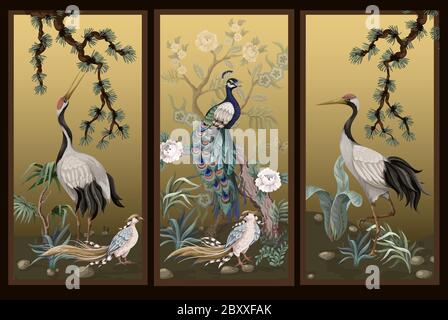 Folding screen in chinoiserie style with white cranes. Vector. Stock Vector