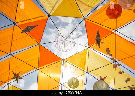 Mobile dome decoration design. A Geodesic Dome Tents. A hemispherical thin-shell structure lattice-shell based on a geodesic polyhedron. Stock Photo