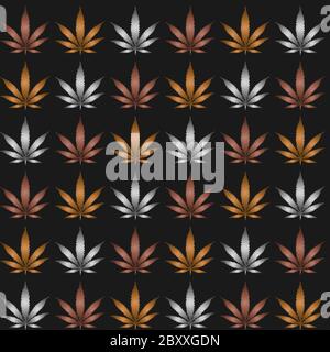 hemp leaves seamless pattern arranged in rows and painted in gold, silver and bronze on a black background Stock Vector