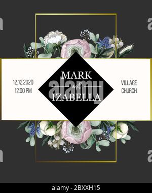 Delicate wedding invitation with ranunculus, eucalyptus and wild flowers . Vector. Stock Vector