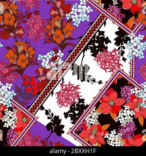 Seamless pattern with patchwork graphic flowers for textile design. Vector Stock Vector