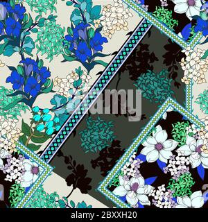 Seamless pattern with patchwork graphic flowers for textile design. Vector Stock Vector