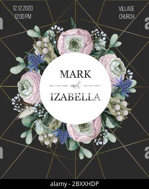 Delicate wedding invitation with ranunculus, eucalyptus and wild flowers . Vector. Stock Vector