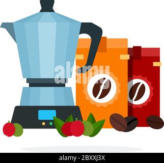 Coffee maker and Coffee of different roasting in packages vector flat isolated Stock Vector