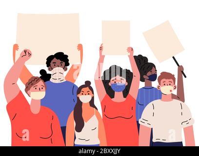 Men and women in mask taking part in protest,rally Stock Vector