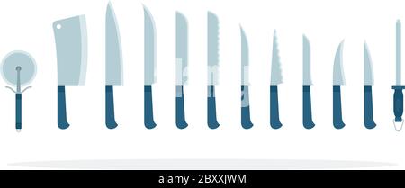 Sharp knives and other kitchen items in a row vector flat material design isolated object on white background. Stock Vector