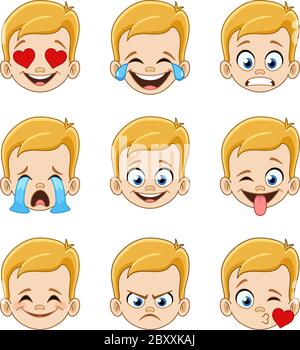 Emoji face expressions collection of a young blond boy with blue eyes Stock Vector