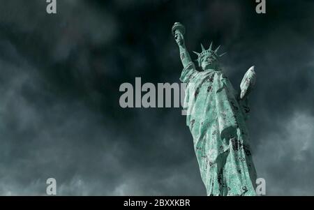 Apocalyptic view. Old Statue of liberty in Storm. 3D rendering Stock Photo