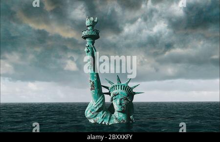 Apocalyptic water view. Old Statue of liberty in Storm. 3D rendering Stock Photo