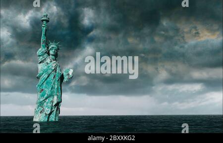 Apocalyptic water view. Old Statue of liberty in Storm. 3D rendering Stock Photo