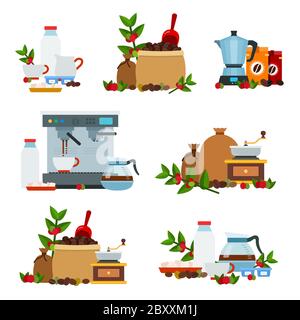 Collection of vector icons flat style on coffee theme. Stock Vector