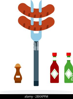Sausage on a fork vector flat material design isolated object on white background. Stock Vector