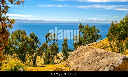 View of Titicaca Lake and Cordillera Real from Island of the Sun - Isla del Sol, Bolivia. Stock Photo