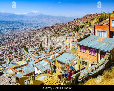 Slum houses built in steep of La Paz, Bolivia. Stock Photo