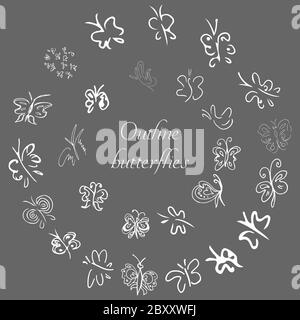 Set of hand drawn butterflies. Set of coloring butterflies, isolated white background. Doodle style. Black and white fantasy cartoon moths. Vector han Stock Vector