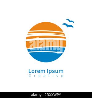 Sun and sea round logo design. summer vocation, sunrise or sunset Stock vector illustration isolated on white background. Stock Vector