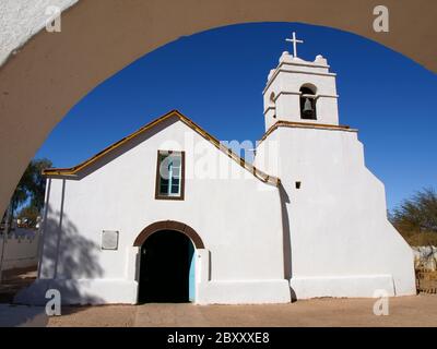 Little white colonial church of St. Peter, San Pedro de Atacama, Chile Stock Photo