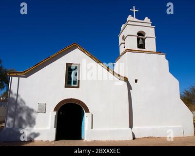 Little white colonial church of St. Peter, San Pedro de Atacama, Chile Stock Photo