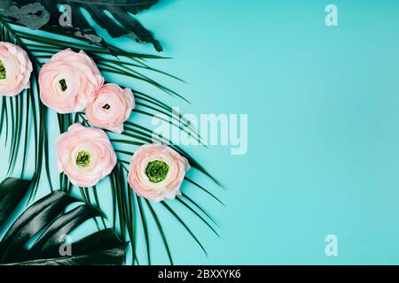 Ranunculus pink flowers with mix of green tropical leaves on turquoise background. Place for text. Stock Photo