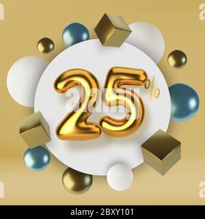 25 off discount promotion sale made of 3d gold text. Number in the form of golden balloons.Realistic spheres and cubes. Abstract background of Stock Vector