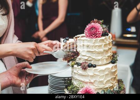 Woman slicing beautiful white wedding cake and serving piece on white plate. Cake decorated with fresh flowers and berries. Wedding day concept. Stock Photo