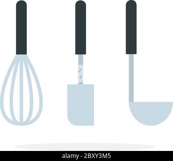 Kitchen whisk for whipping, spatula and soup ladle vector flat isolated Stock Vector