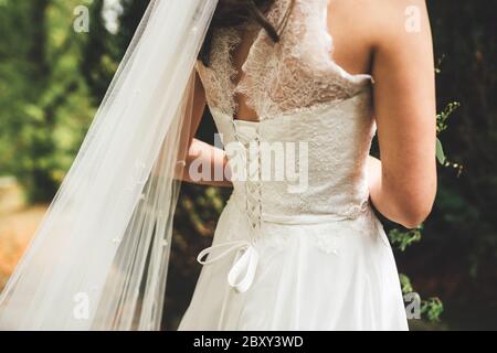 Close up of bridal corset. Rear view on bride in white wedding gown with laces. Outdoor photo. Wedding day concept. Stock Photo