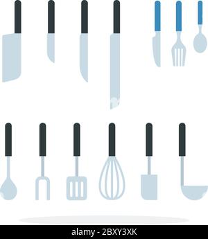 Set of knives, cutlery items and kitchen tools in a row Stock Vector