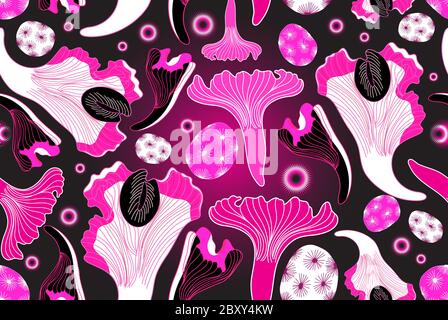 Bright unusual seamless pattern of pink mushrooms on a dark background.Template for Wallpaper or fabric. Stock Vector