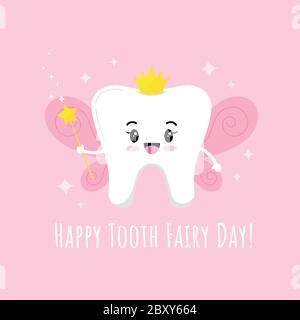 Cute Tooth Fairy with magic wand with star wings gold crown and sparkles isolated on pink background. Stock Vector