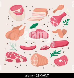 Vector Fresh Pieces of Raw Meat, Chicken, Sausage, Rib Eye, Tenderloin Fillet, Ham, Bacon, Greens Icon Set for BBQ Isolated in Cartoon Style. Food Stock Vector